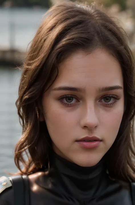 a close up of a woman in a wet suit looking at the camera