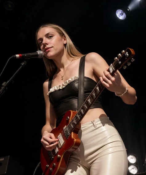 blond woman in leather outfit playing guitar on stage with microphone