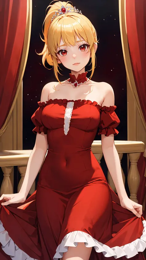 (masterpiece, best quality:1.2), (looking at viewer), princess, tiara, red theme, long dress, blonde hair, red eyes, palace, fri...