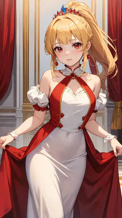 (masterpiece, best quality:1.2), (looking at viewer), princess, tiara, red theme, long dress, blonde hair, red eyes, palace, fri...