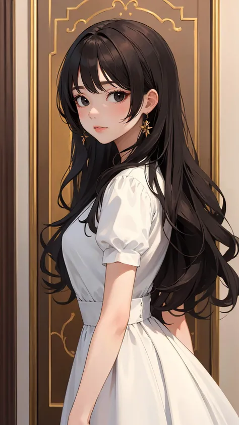 (masterpiece, best quality:1.2), looking at viewer, dress, (wavy hair:0.8), long hair, black eyes, upper body,