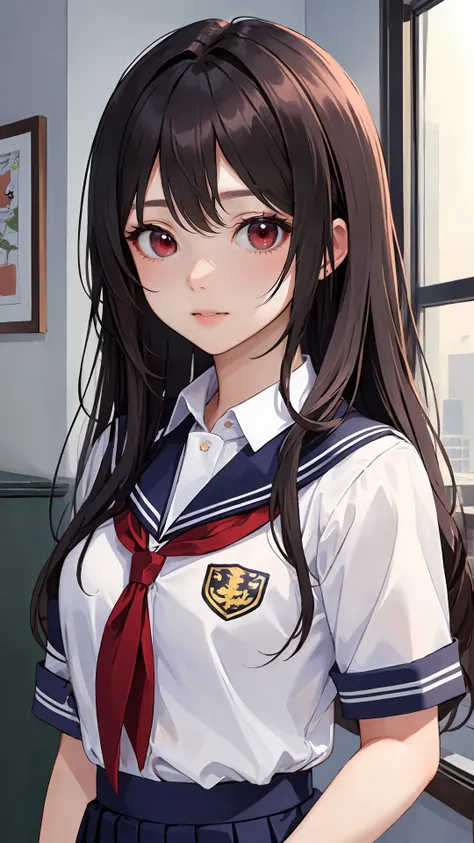 (masterpiece, best quality:1.2), looking at viewer, school uniform, (wavy hair:0.8), long hair, red eyes, upper body,