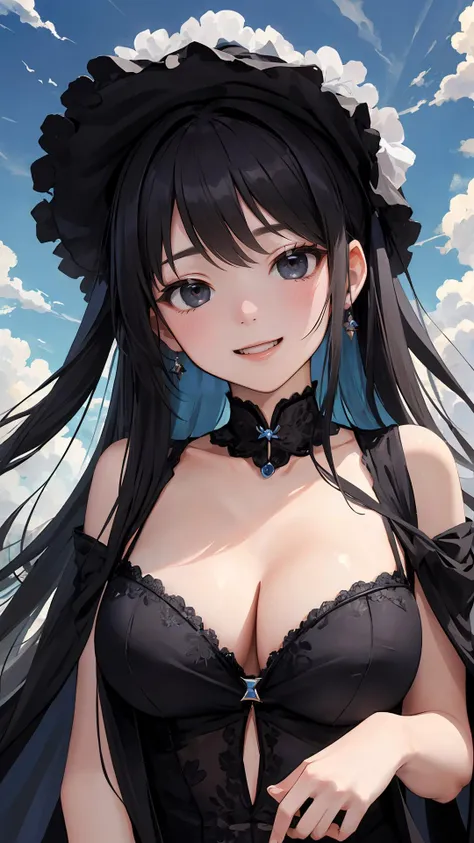 (masterpiece, best quality:1.2), (looking at viewer), happy face, black theme, cloudy sky,
