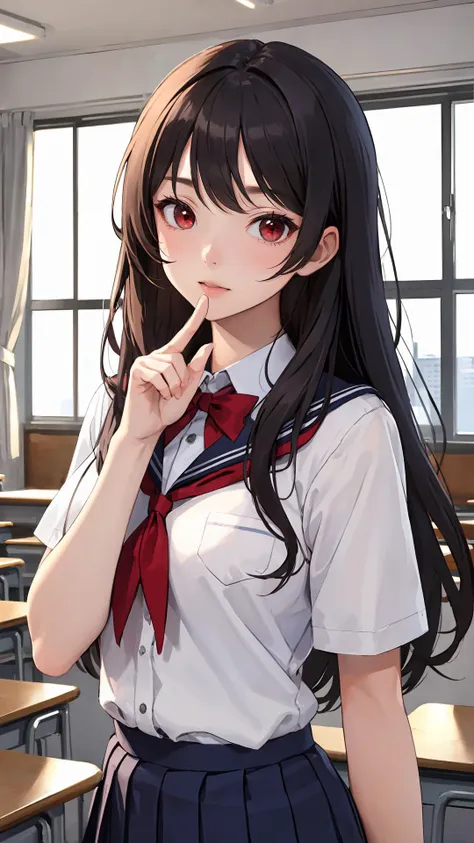 (masterpiece, best quality:1.2), looking at viewer, school uniform, (wavy hair:0.8), long hair, red eyes, upper body,