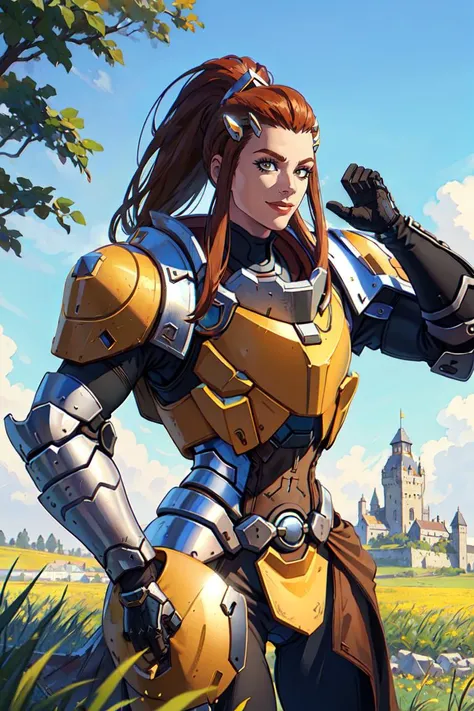 portrait, brigitte, waist up, looking at the horizon, heroic pose, armor, gauntlets, hair ornament, smile, blue sky, green grass field, medieval castle in background, sunlight, deep colors, best quality, <lora:brigitte:0.7>