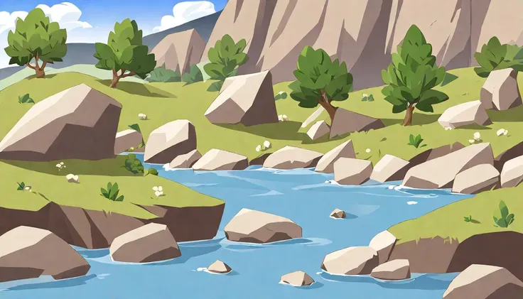 there is a cartoon of a river running through a rocky valley