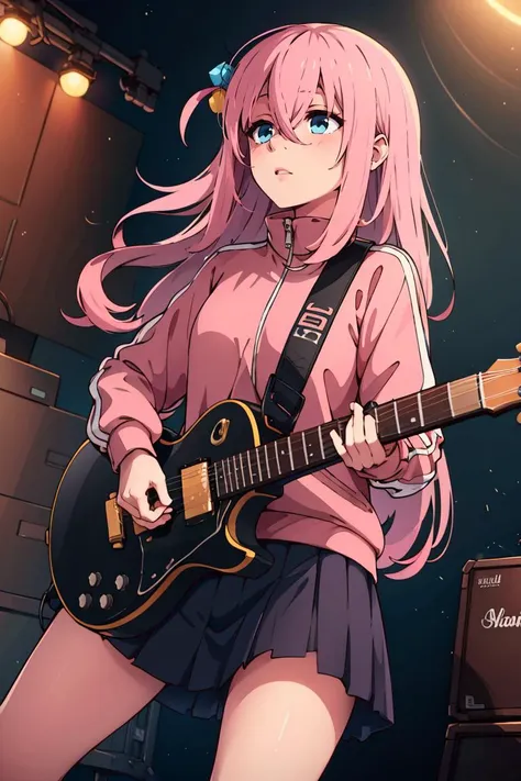 a woman with pink hair and a pink shirt playing a guitar