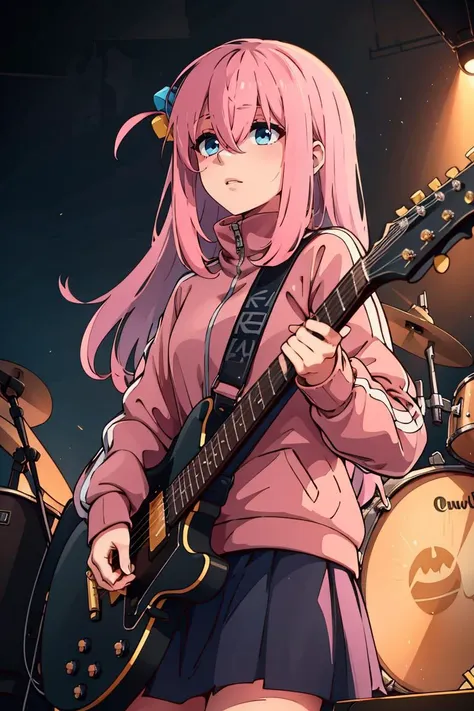 a woman with pink hair and a pink jacket playing a guitar