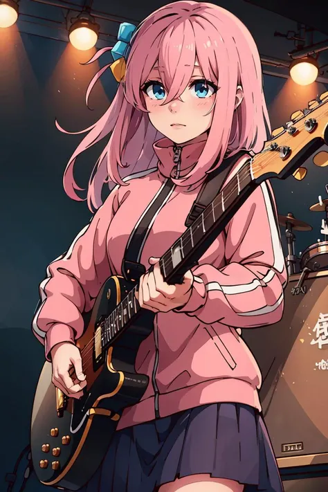 ((masterpiece,best quality)), gotou1, gotou hitori, solo, skirt, pink jacket, track jacket, bangs, hair between eyes, long sleeves, <lora:gotou_hitori_v1:0.7>, stage, holding instrument, guitar,