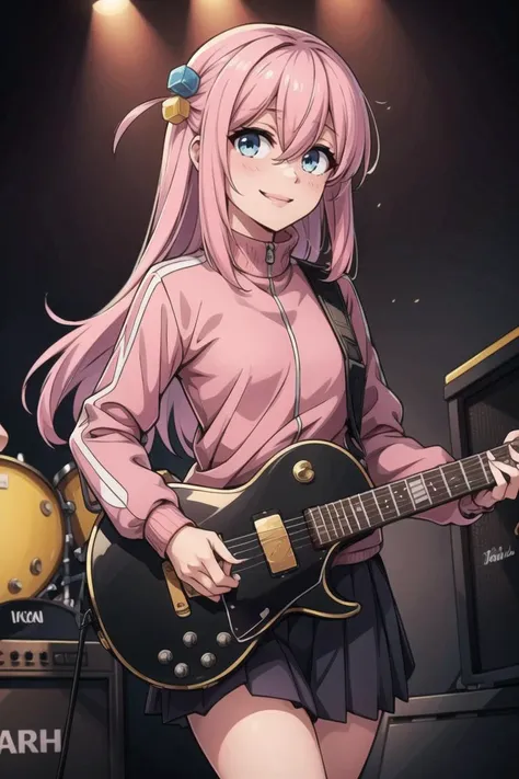 a woman with pink hair and a pink shirt holding a guitar