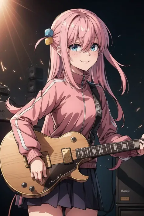 ((masterpiece,best quality)), 
electricity, music notes, energy, 
gotou1, gotou hitori, solo, skirt, pink jacket, track jacket, bangs, hair between eyes, long sleeves, <lora:gotou_hitori_v1:0.7>, stage, holding instrument, guitar, smile, ,