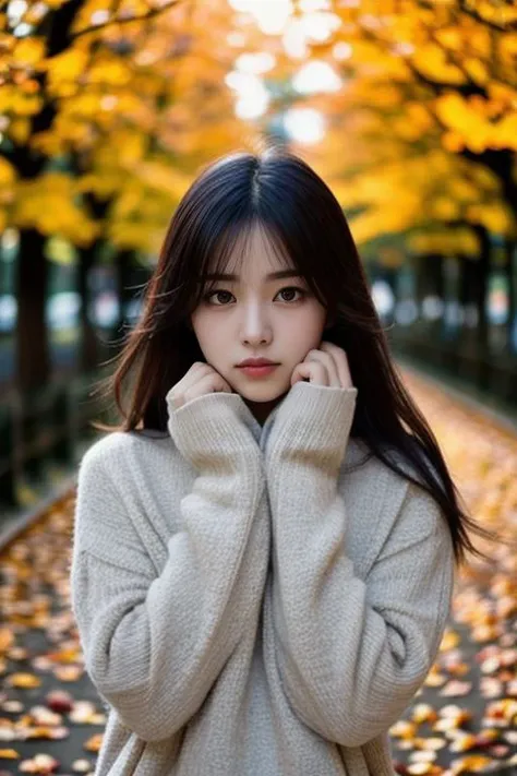 (4k, RAW photo, best quality, masterpiece:1.2),japanese,1girl,autumn leaves, looking at viewer,(sad:1.3),tears drop,oversized sweater, <lora:pytorch_lora_weights:1>