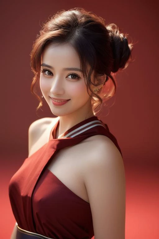 photo of beautiful (4l4n4bc:0.99), a woman with perfect hair upsweep updo, wearing (shoulder sash:1.1),  (plain red background:1.1), modelshoot style, (extremely detailed CG unity 8k wallpaper), professional majestic photography, ((smiling:1.2)), (Panasoni...