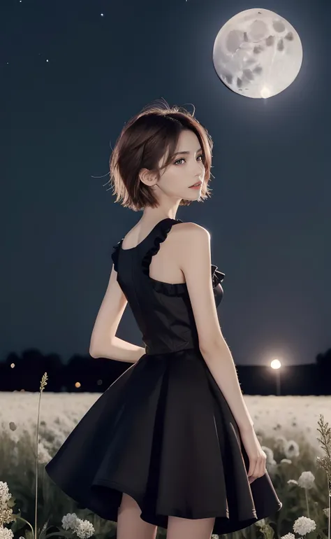 1girl, dynamic pose, short hair, brown hair, black dress, frilled dress, sleeveless dress, bare shoulders, bare arms, nature, flower field, full moon, moonlight, night, night sky <lora:weight_slider_v2:-2>