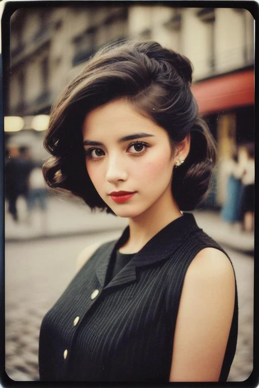 photo of (me1kaw:0.99), closeup portrait, perfect hair, hair upsweep updo, posing, (vintage photo, dress), (polaroid frame), 24mm, ((tintype)), (analog, film, film grain:1.3), ((on a Paris street, night, gritty)), ((detailed eyes)), (seductive pose), (epic...