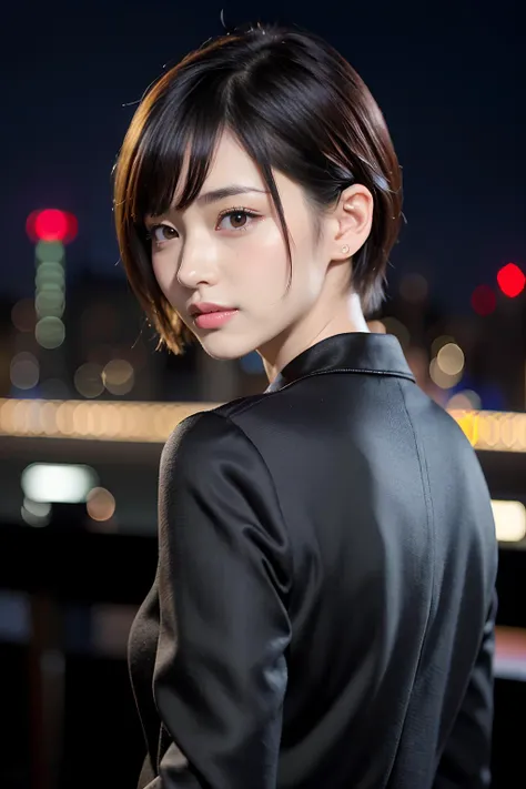 (4k, RAW photo, best quality, masterpiece:1.2), ultra high res, (photo realistic:1.2), High detail RAW color photo, professional photograph,  (realistic, photo realistic:1.4), ((best quality)),short hair,japanese girl,(face focus:1.2),night town,suit, sedu...