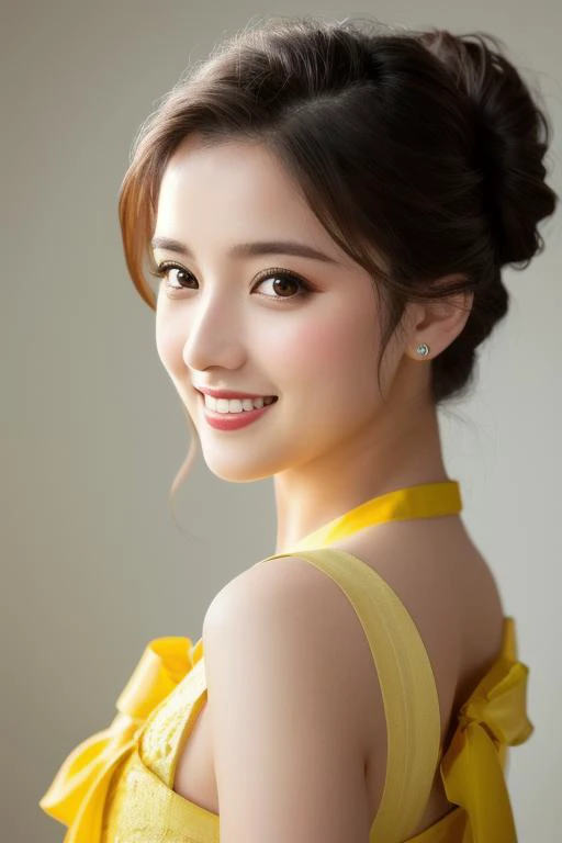 photo of beautiful (4l4n4bc:0.99), a woman with perfect hair upsweep updo, wearing (shoulder sash:1.1),  (plain yellow background:1.1), modelshoot style, (extremely detailed CG unity 8k wallpaper), professional majestic photography, ((smiling:1.2)), (Leica...