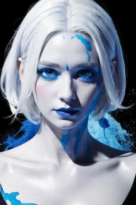 a woman with white hair and blue eyes is in a white dress with a black background and a splash of paint,