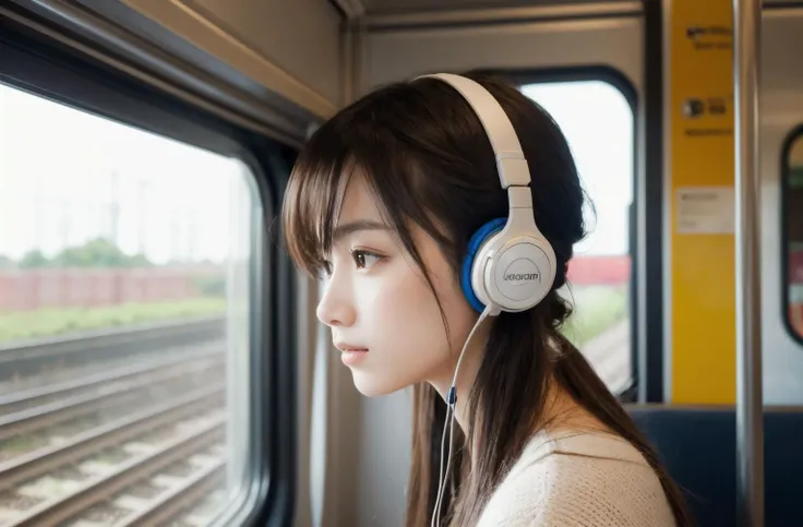 1girl, (looking outside), in train, modern, ((headphone)), relaxing, intricate details, ((beautiful face)), (((best quality, masterpiece))),(((realistic))), <lora:JapaneseDollLikeness_v15:0.1>,