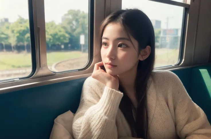 1girl, looking outside, in train, modern, ((headsphone)), relaxing, intricate details, ((beautiful face)), (((best quality, masterpiece))),(((realistic))), <lora:JapaneseDollLikeness_v15:0.1>,