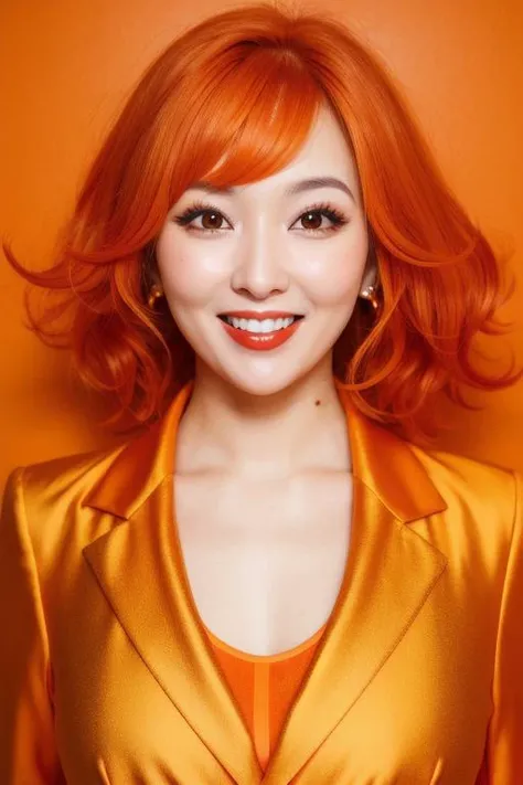 orange theme,
woman, portrait, smile, laugh, open mouth,
(upper body, bust shot, looking away:1.1),
orange hair, hair over one eye,
orange lipstick,
orange suit,
orange wall, orange background
embedding:DV_Manuela_Vicious
<lora:HairOverOneEye_LOCO_s:2.75>,...