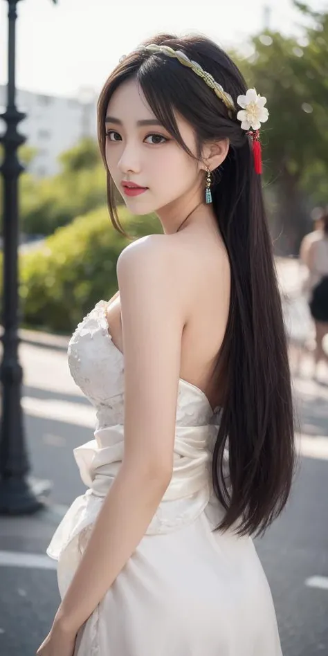 (sexy hanfu clothes,slim waist:1.47),1girl,light smile,happy,((((upper body,real face photo,outdoor background,background blur)))),big eyes,analog style,physically-based rendering,ultra-detailed,professional lighting, photon mapping,(outdoor,bokeh),(RAW ph...