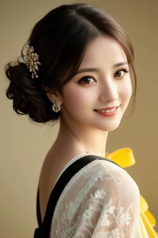 photo of beautiful (4l4n4bc:0.99), a woman with perfect hair upsweep updo, wearing (shoulder sash:1.1),  (plain yellow background:1.1), modelshoot style, (extremely detailed CG unity 8k wallpaper), professional majestic photography, ((smiling:1.2)), (Leica...