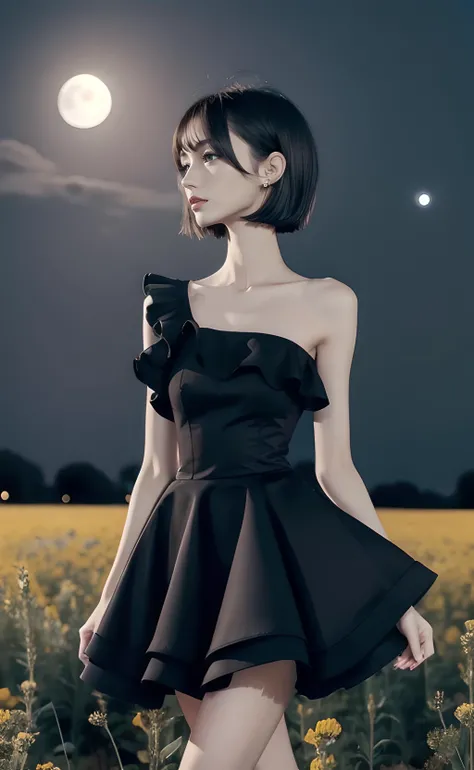 1girl, dynamic pose, short hair, black hair, black dress, frilled dress, sleeveless dress, bare shoulders, bare arms, nature, flower field, full moon, moonlight, night, night sky <lora:weight_slider_v2:-2>