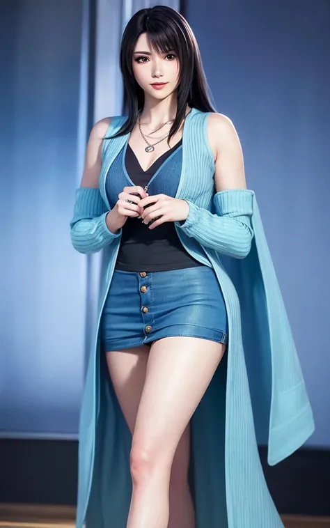 <lora:Rinoa:0.6>, rinoa, (blue duster:1.5), blue wristbands, full body, smile, (holding necklace:1.5), unparalleled masterpiece, ultra realistic 8k CG, perfect artwork, clean, beautiful face, pure face, pale skin, intricate detail, fancy ballroom