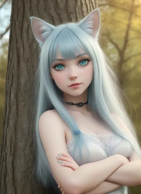 hyperrealistic art [girl | cat],long blue hair, green eyes, big eyeballs,cat ears, white fur,tail, claws, looking at viewer,smiling, happy, sitting, on tree branch, (from_below:1.2), outside, 
park, trees, autumn, blue sky, extreme detail, masterpiece
 . e...