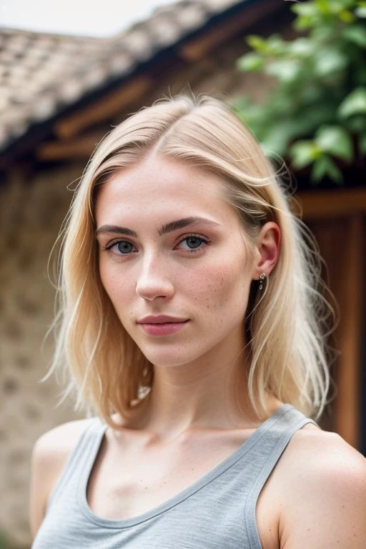 a photo of a young woman in a village, perfect face, beautiful hair, tanktop, high quality, high resolution, very coherent, clear focus, well defined, detailed natural skin, detailed pores, (freckles:0.5), (moles:0.1)