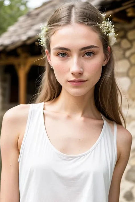 a photo of a young woman in a village, perfect face, beautiful hair, tanktop, high quality, high resolution, very coherent, clear focus, well defined, detailed natural skin, detailed pores, (freckles:0.5), (moles:0.1)