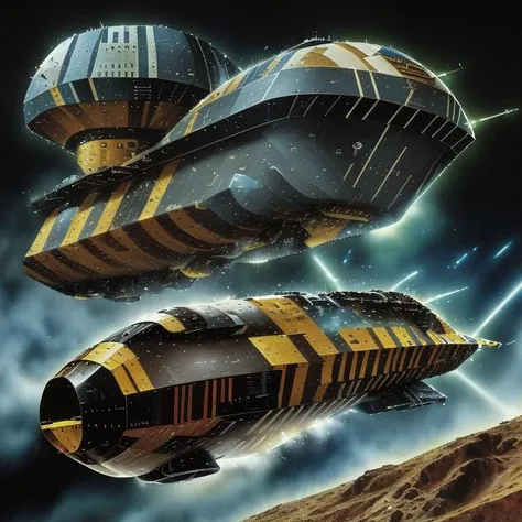 a close up of two large ships flying over a planet