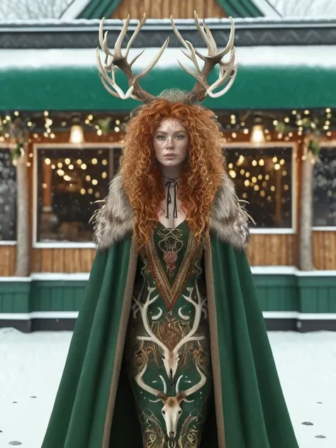 a woman in a green dress and a deer head cape