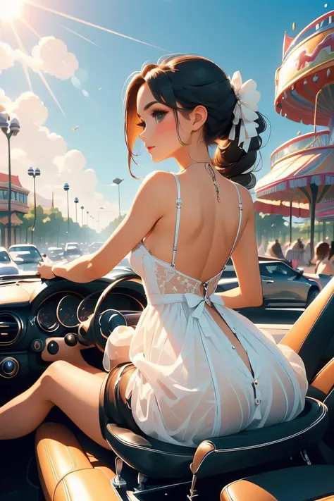 (masterpiece, best quality), 1girl, Ivory French Twist with Hair Comb, Size H breasts,   <lora:girllikeminicar:1> mini car, from behind, looking viewer, ground of amusement park, hand on steering wheel, cute little dress