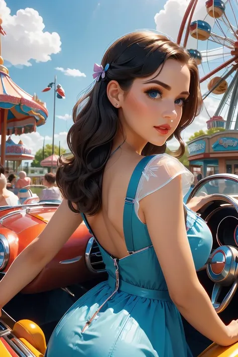 a woman in a blue dress sitting in a car with a ferris wheel in the background