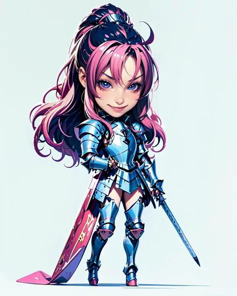 photo of a (chibi:1.4), girl, (solo focus:1.2), Pompadour Quiff,  long hair, 
pink (medieval knight armor:1.4), (highheels),
seductive-pose, 
indoor, simple (white background:1.28), photo studio,
(best quality, realistic, detailed:1.4), <lora:Chilbi:1>