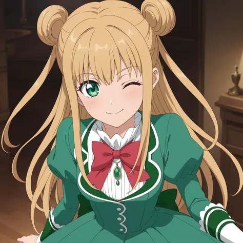 anime girl with long blonde hair wearing green dress and red bow