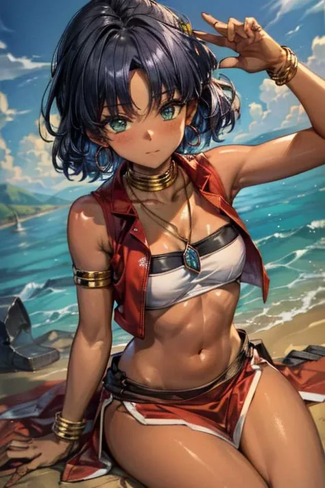 (masterpiece, best quality, highres, absurdres, ultra-detailed:1.2),  ((1girl, solo, nadia la arwall, green eyes, dark skin, short hair, navel, bandeau, vest, bracelets, earrings, hair ornament, loincloth, bare shoulders, necklace, neck ornament)), (laying...