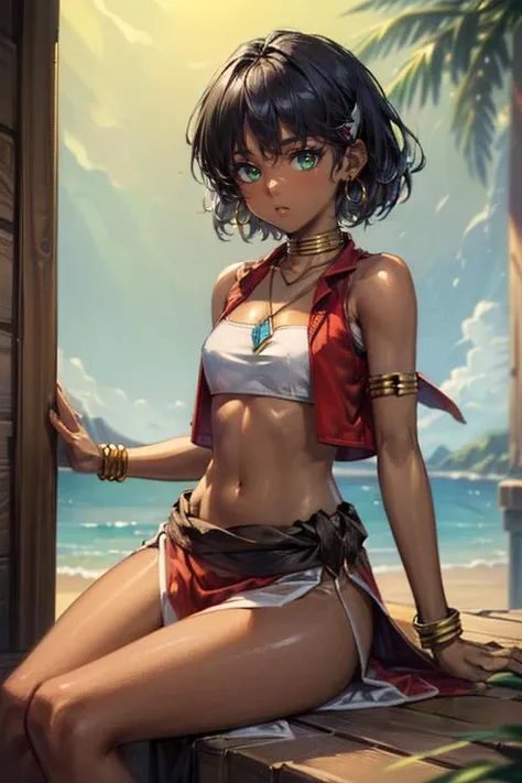 (masterpiece, best quality, highres, absurdres, ultra-detailed:1.2),  ((1girl, solo, nadia la arwall, green eyes, dark skin, short hair, navel, bandeau, vest, bracelets, earrings, hair ornament, loincloth, bare shoulders, necklace, neck ornament)), (sunbat...