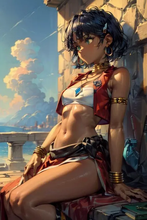 (masterpiece, best quality, highres, absurdres, ultra-detailed:1.2),  ((1girl, solo, nadia la arwall, green eyes, dark skin, short hair, navel, bandeau, vest, bracelets, earrings, hair ornament, loincloth, bare shoulders, necklace, neck ornament, laying do...