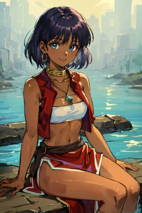 (masterpiece, best quality;1.3), extremely detailed, 1girl, solo, detailed skin, looking at viewer, dark skin, smile, dark purple hair, ungry,
<lora:Nadia:0.8> nadia, cowboy shot, WHITE BANDEAU swimsiuts, red vest,Gold collar, Necklace with large light blu...