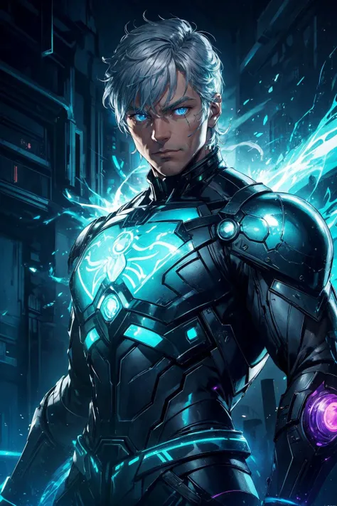 a man in a futuristic suit with glowing blue eyes