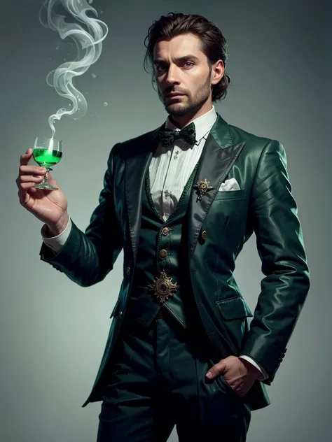 a man in a suit holding a green glass with smoke coming out of it