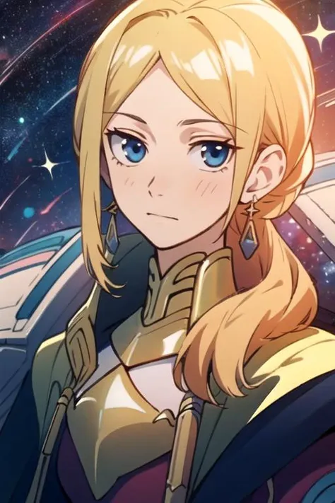 masterpiece, best quality, game cg, 1girl, solo, looking at viewer, upper body, , anime coloring, realistic, <lora:kiki_seiran:0.70>, kiki_seiran, blonde hair, blue eyes, , pharaoh costume, space opera,