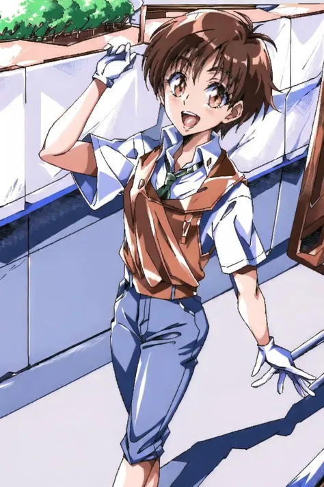 anime girl with brown hair and blue pants walking on sidewalk