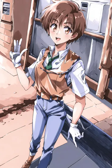 anime boy in uniform walking down a street with his hand up