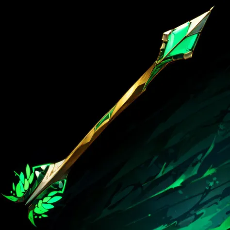 a close up of a green and gold arrow on a black background