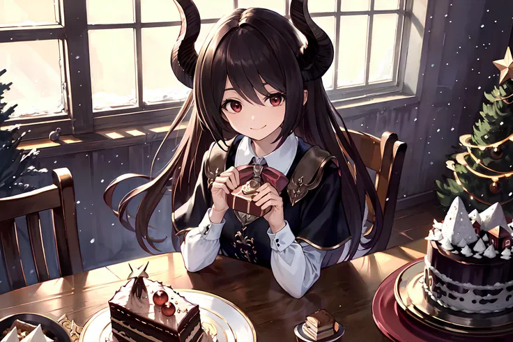 anime girl sitting at a table with a piece of cake