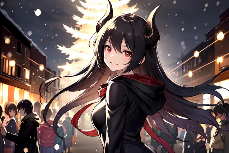 anime girl in a black dress with horns and a red cape